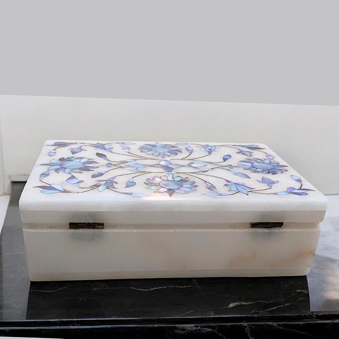 Marble Jewelry Box with Floral Mother of Pearl Inlay 6x4"inch – Handmade Marble Keepsake Organizer for Jewelry & Makeup, Decorative Trinket Box, Ideal Anniversary & Housewarming Gift for Women
