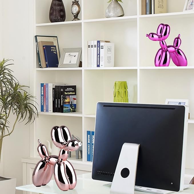 balloon dog sculpture modern home decor Collectible Figurines funky statues for bedroom trendy Animal living room decor Art resin decoration office standing deskdecor (11.8*11.8*4.7inch, pink)