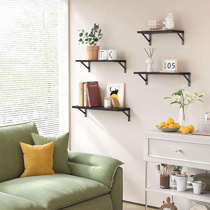 YGEOMER Wall Shelves, Black Wall Floating Shelves Different Sizes for Living Room, Bathroom, Bedroom, Kitchen, Home Decor (Set of 4)