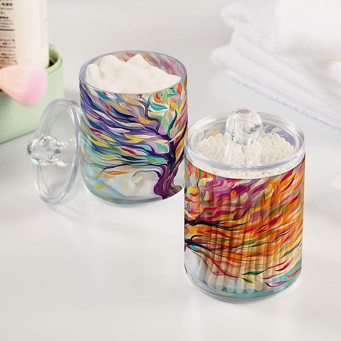 2 Pack Qtip Holder Dispenser for Cotton Ball Rainbow Life Of Tree Plant Swab Round Pads Clear Plastic Acrylic Jar Set Bathroom Canister