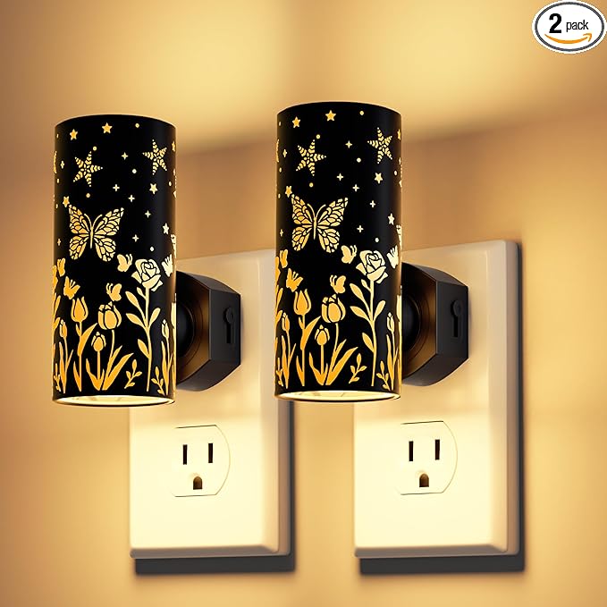 LED Night Lights Plug into Wall, 2-Pack 3000K Bright Plug in Nightlights, Dusk-to-Dawn, Dimmable 0-100LM, Auto-On/Off, Home Decor for Bedroom, Bathroom, Hallway, Kitchen, Black Butterfly