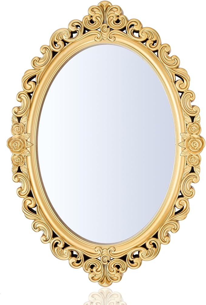 Beeveer 1 Style Vintage Mirrors Set Decorative Oval Wall Mirror Small Antique Mirrored Tray Decorative Hanging Mirror for Bathroom Bedroom Jewelry Organizer Victorian Decor (Oval,Gold)