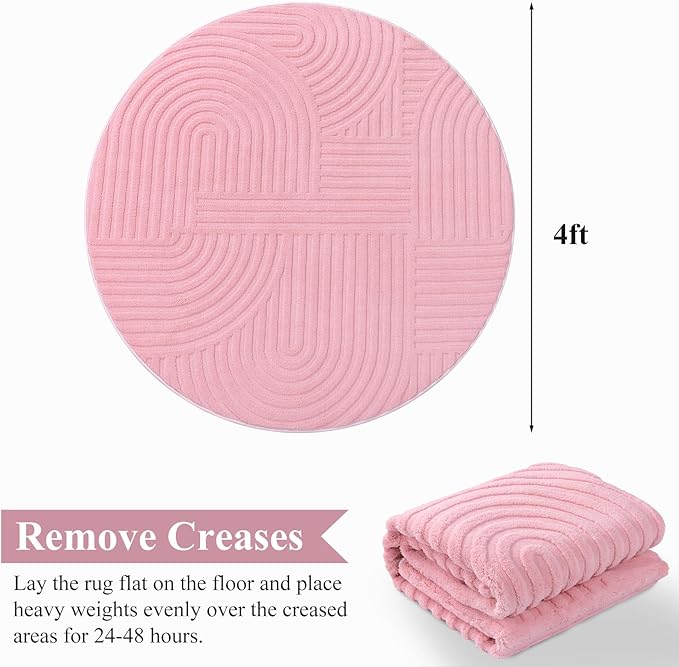 Pauwer Pink Area Rug for Girls Bedroom 4ft Soft Fluffy Non Slip Machine Washable Rugs Modern Indoor Mat Fuzzy Floor Round Carpet for Kids Nursery Living Room Dorm Playroom Dining Baby Home Decor