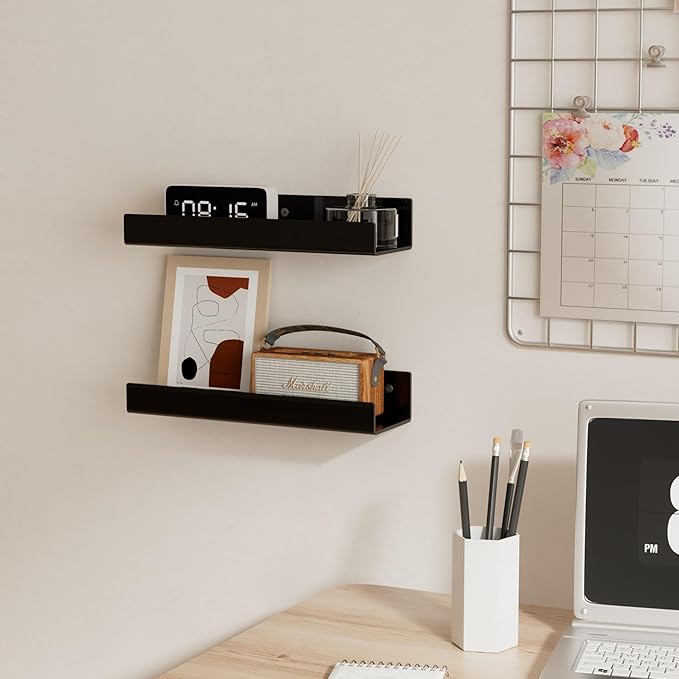 12 Inches Black Acrylic Wall Shelf for Home, 2 Pack, Acrylic Organizer Shelves for Wall, Wall Mounted Storage Display Shelf