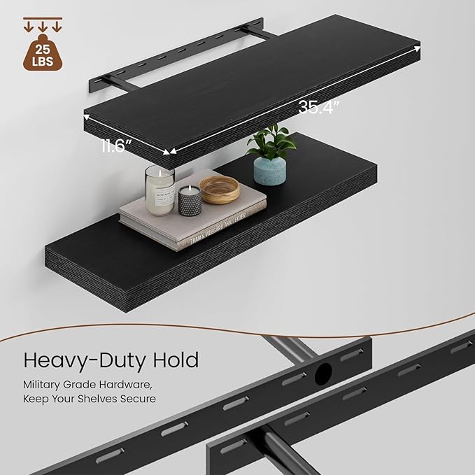 Heimlove 12inch Deep Floating Shelves for Wall, Mounted Shelves 36" W x 12" D x 1.5" H, wall Shelf for Bedroom Living Room Bathroom Kitchen Home Office, Set of 1, Black