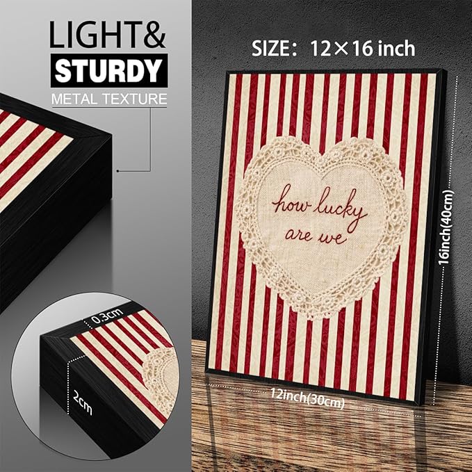 How Lucky Are We Wall Art Red Stripe Affirmation Quotes Poster Coquette Love Lace Heart Canvas Print Fashion Preppy Aesthetic Wall Decor Valentines Day Couple Gift 12X16 inch Aluminum Framed