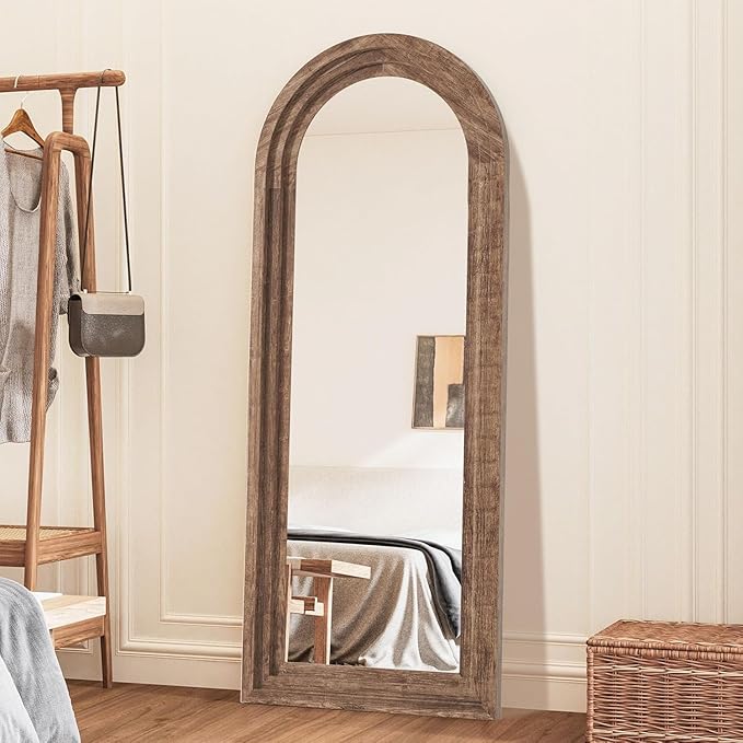 CASSILANDO Arched Full Length Mirror with Solid Wood Frame 65x24 Inch Wall Mounted Floor Mirror, Vertical Hanging Leaning Standing Mirror for Living Room, Bedroom, Entryway, Brown
