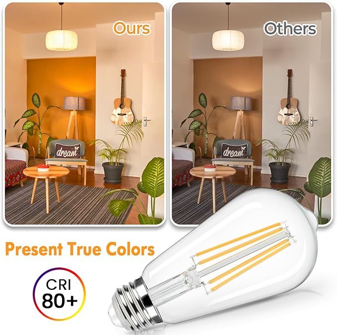 Brightever 4-Pack Vintage LED Edison Bulbs 60W Equivalent, 6W ST58 2700K Warm White Antique LED Filament Bulbs, E26 Medium Base, Clear Glass Style for Home and Commercial, Non-dimmable