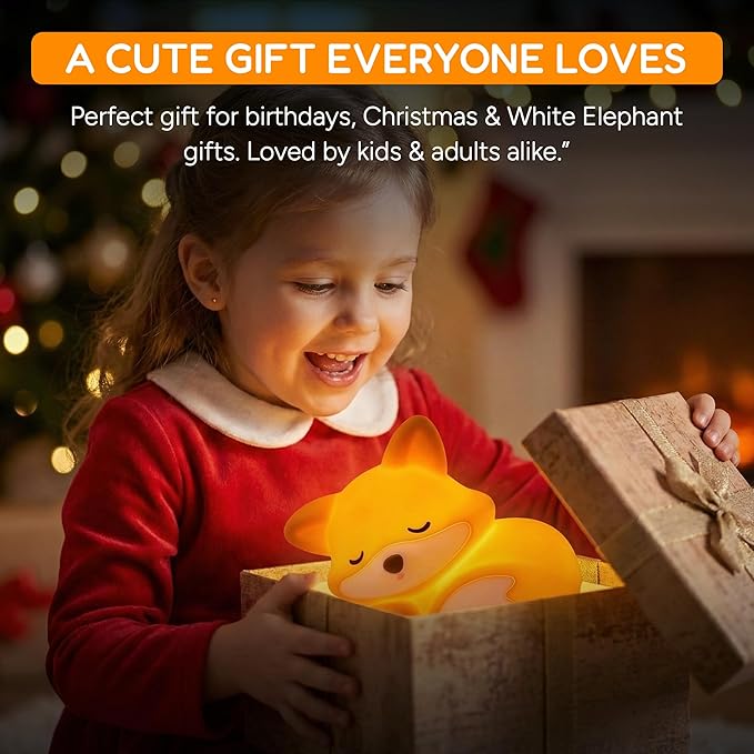 Cute Fox Night Light for Kids, Silicone Baby Nursery Night Light, Rechargeable Touch Lamp with Timer & Dimmable Warm Light for Bedroom Decor, Cute Animal Lamp