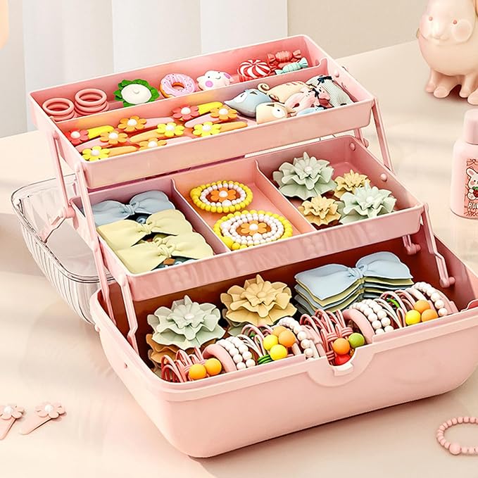 Cute Girls Hair Accessories Storage Box Bow Switch Organizer Box Jewelry Box | Kids Hair Accessories Organizer | 3 Layers Foldable Storage Box with Handle Plastic Makeup Jewelry Holder (Pink)