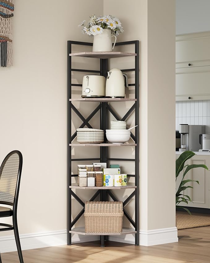 CHOEZON 69.3" Corner Shelf 5-Tier, Large Corner Shelving, Freestanding Storage Stand for Bedroom, Living Room, Kitchen, Industrial Engineered Wood Bookshelf Organizer, Greige and Black TCJ15BG