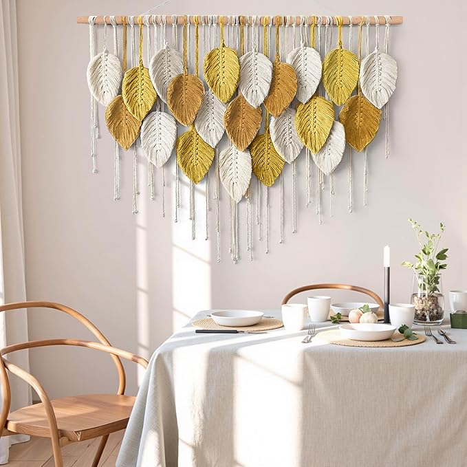 KHOYIME Large Macrame Wall Hanging Boho Woven Tapestry, Bohemian Farmhouse Handmade Yellow Leaf Feather Wall Art Chic Modern Home Decoration for Living Room Bedroom Nursery Dorm Backdrop 39"W X 29.5"L