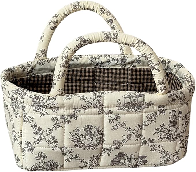 Small Floral Storage Bins with Cotton Handles – Collapsible Boho Fabric Storage Basket for Drawers, Shelves & Desktop