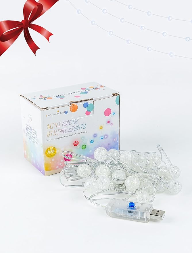 Upgrade Globe String Lights,10FT 30 LED USB Fairy Lights,8 Modes Crystal Crackle Ball Lights,Waterproof Decorative Christmas Lights for Indoor,Outdoor,Bedroom,Classroom,Wedding,Party,White