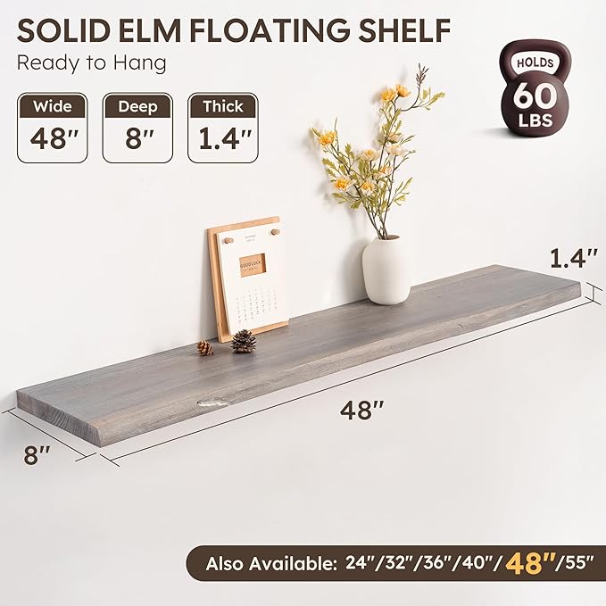 Live Edge Floating Shelf, 48 Inch Solid Elm Wood - Weathered Gray Rustic Wood Wall Shelf with Invisible Brackets for Living Room, Kitchen, Bathroom