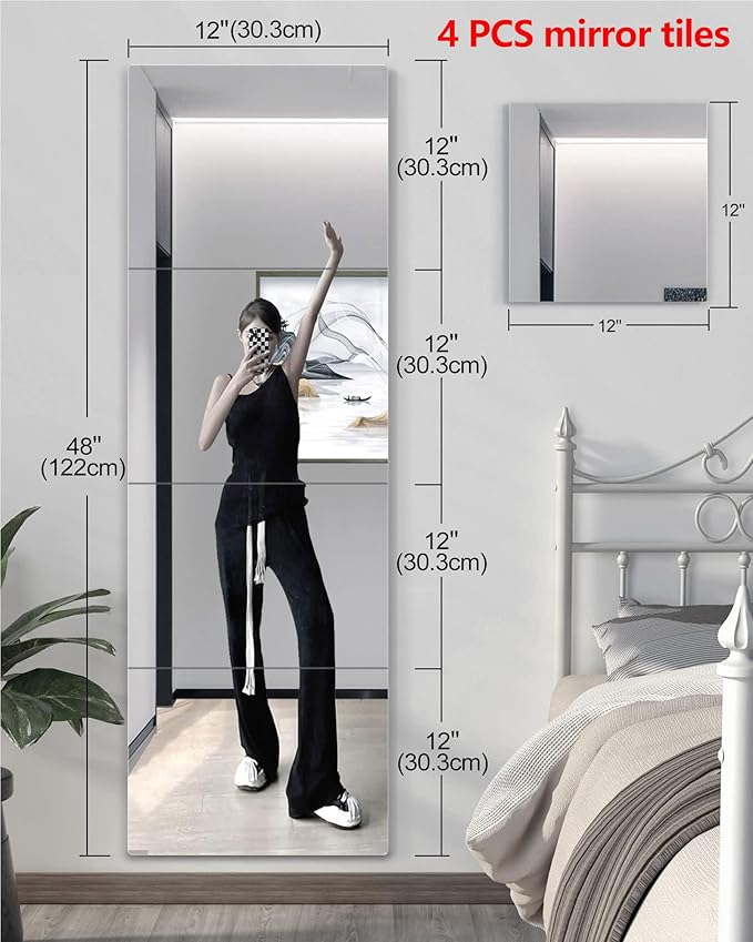 Shatterproof Wall Mirror Full Length for Bedroom, Acrylic Gym Mirrors For Home, Extra Thick: 0.12 inch, 12 x 12 inch x 4 Pcs, Workout Mirrors Safe for Kids, Over The Door, Long Wall Mounted