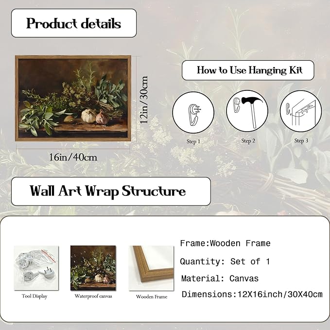 Framed Vintage Kitchen Wall Art, Rustic Garlic and Herbs Pictures Wall Decor Paintings, Farmhouse Cottagecore Canvas Prints Artwork for Home Dining Room Living Room 12x16 inch