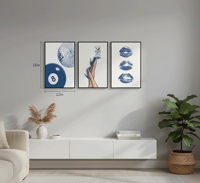 3Pcs BlueTrendy Aesthetic Canvas Wall Art,Fashion High-Heeled Shoe Print Posters,Lucky 8 Ball Lip Pictures,Y2K Stylish Wall Decor for Girls' Bedroom Dorm Apartment. 12x16in Framed