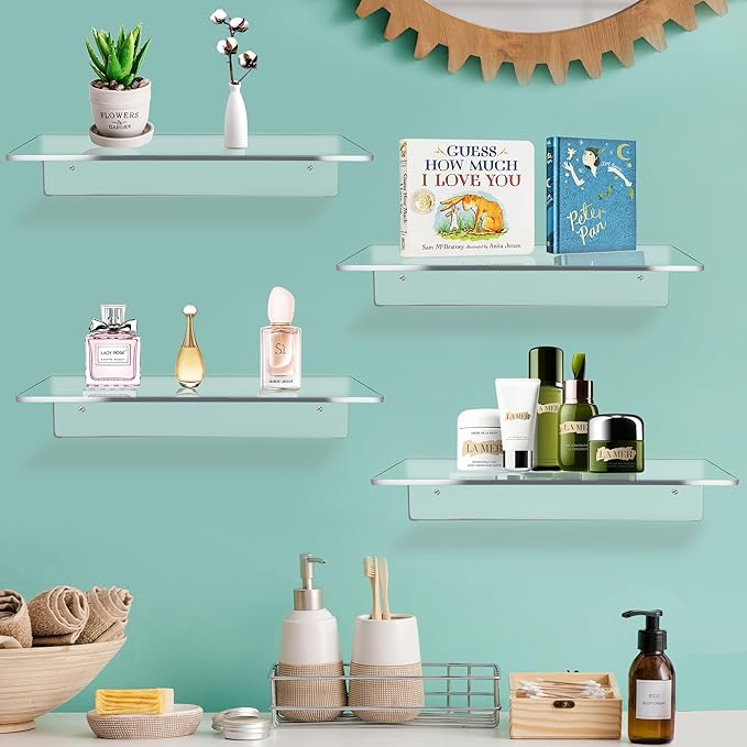Jansburg 12 Inch L-Shaped Acrylic Floating Shelf Clear Wall Mounted Shelves Invisible 5MM Thick Shelf for Wall Storage Clear Shelves for Makeup Photo Picture Book Record Display 4 Pack