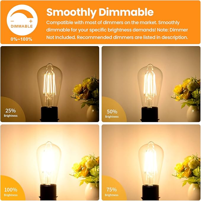 Vintage LED Dimmable Edison Light Bulbs 100W Incandescent Equivalent, 8W 1200Lumens, E26 Base LED Filament Bulb, 2700K Warm White, ST64/ST21 Antique Clear Glass for Home, Reading, Bathroom, 4-Pack