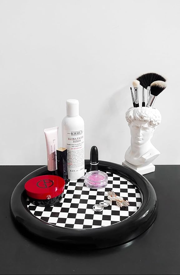 Ciandid Checkered Decorative Tray, Retro Jewelry Tray Dresser Tray for Makeup Perfume Organizer, Aromatherapy Reed Diffuser Tray Vanity Tray for Bathroom(Black)