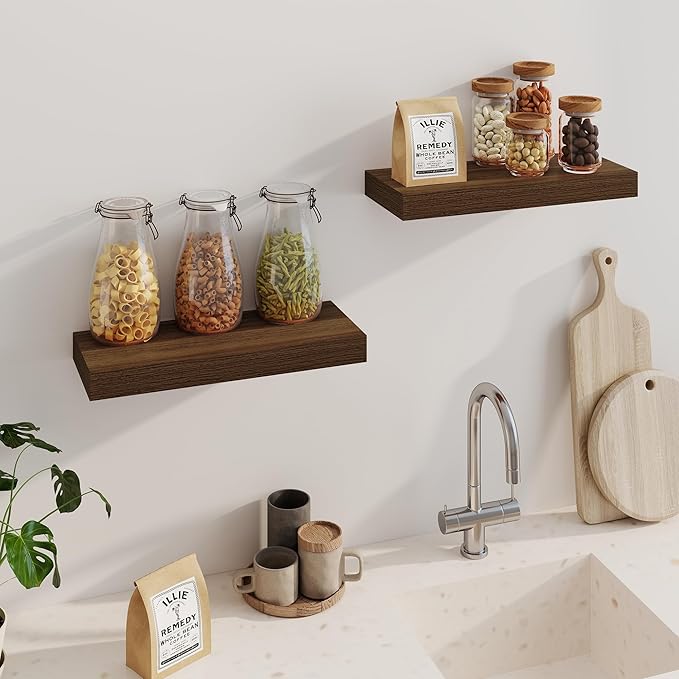 Fun Memories Floating Shelves for Wall, 20 Inch Floating Shelves Set of 2, Hanging Shelf with Invisible Brackets, Wood Shelves for Living Room, Bedroom, Kitchen, Walnut