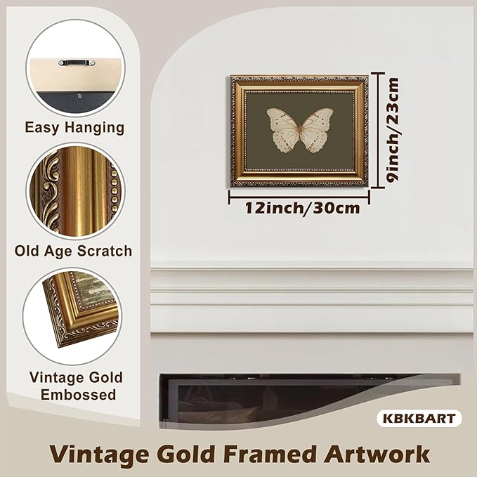 KBKBART Vintage Gold Framed Wall Art, Classical Butterfly Oil Paintings, Dark Moody Insect Canvas Prints Artwork Wall Decor Pictures for Bedroom, Bathroom, Cottagecore Room Decor - 9x12Inch