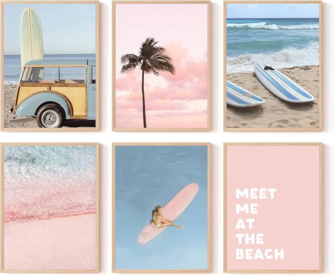 6Pcs Pastel Beach Wall Art Prints Pink Blue Coastal Granddaughter Wall Decor Pictures Summer Beachy Palm Trees Aesthetic Posters for Girly Bedroom Dorm Apartment Home Decoration Unframed 12x16in