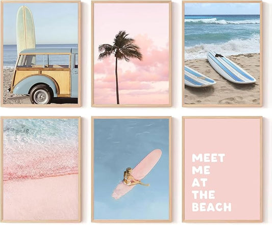 6Pcs Pastel Beach Wall Art Prints Pink Blue Coastal Granddaughter Wall Decor Pictures Summer Beachy Palm Trees Aesthetic Posters for Girly Bedroom Dorm Apartment Home Decoration Unframed 12x16in