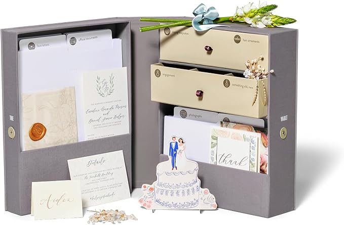 Savor Wedding Gifts Keepsake Box - Ideal Wedding Gifts for Newlyweds - Memory Storage with 52 Hand-Illustrated Labels & 10 File Folders - Elegant & Durable Design, Slate, No Customization