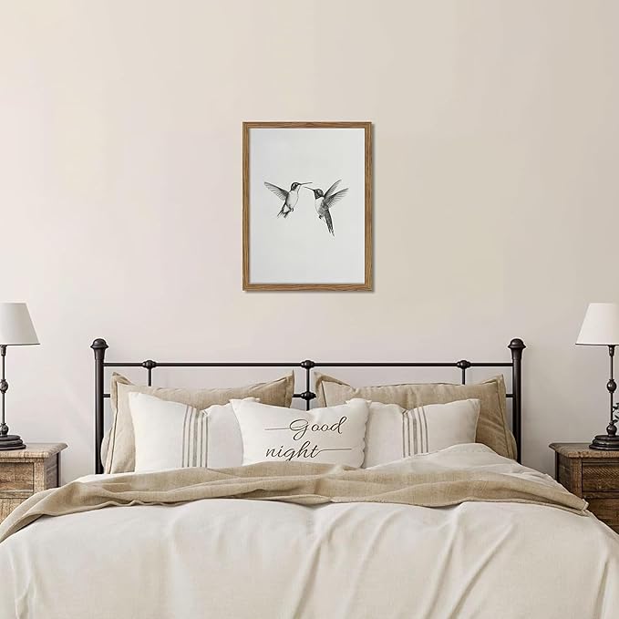 Vintage Wall Art Framed Hummingbird Canvas Print, Modern Farmhouse Birds Wall Decor, Living Room Sketch Painting Picture, Minimalist Black and White Bird Bedroom Decor – 16x24 inch