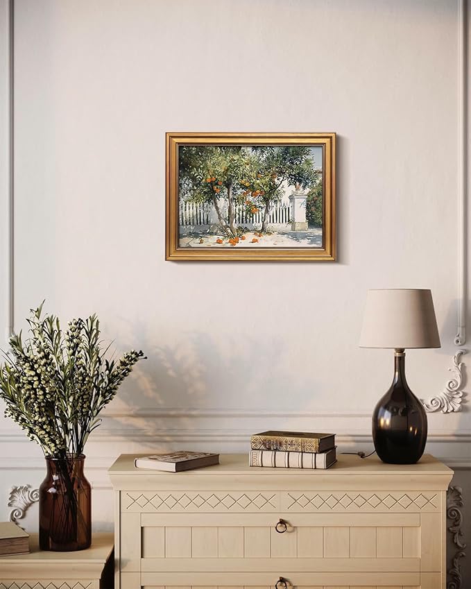 Bzstyleart Vintage Wall Art Decor for Living Room, Gold Framed Canvas Wall Art Home Decor Aesthetic, Orange Courtyard Prints, Canvas Picture Print Artwork, 12 x 16 Inch