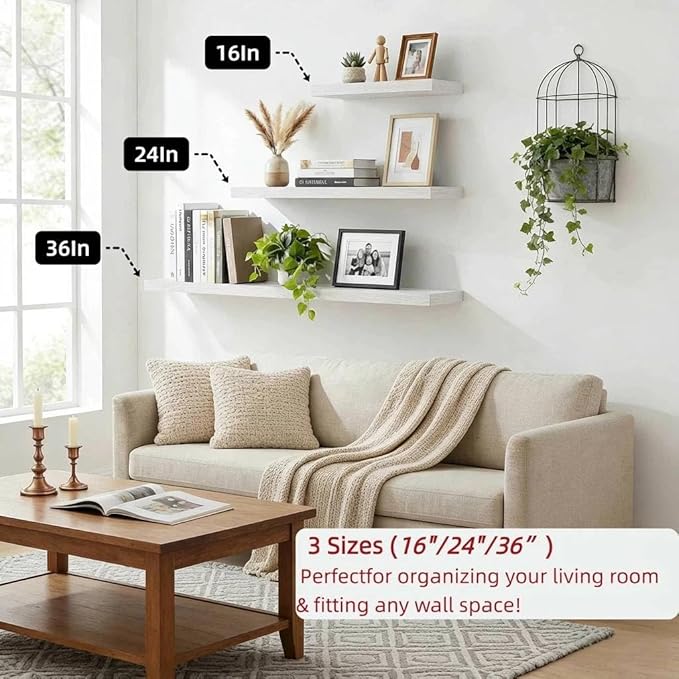 SAUMONIERES Floating Shelves Wall Shelf Solid Wood for Bathroom Bedroom Kitchen Set of 3, White Wall Shelves