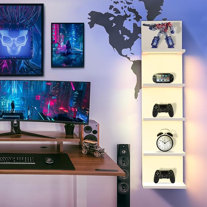 5 Tier Wall Shelves with LED Light, Modern Wall Mount Lack Shelf, Vanity Floating Shelves Home Decor Organizer Tall Tower Design Utility Shelf (White)