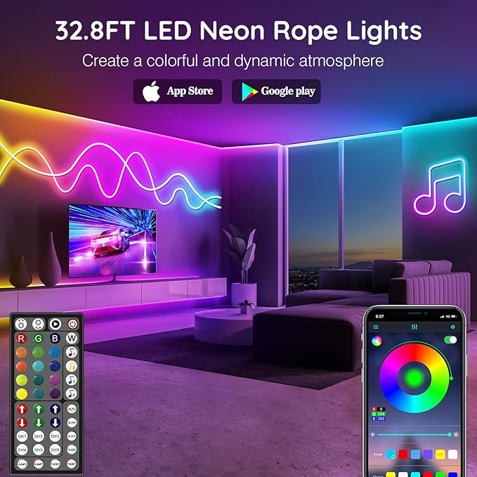 LETIANPAI Neon Rope Lights,Flexible Led Rope Lights Control with App/Remote,Multiple Modes Rope Lights,IP65 Outdoor RGB Led Neon Lights Waterproof,Music Sync Gaming Led Light Strip (32.8FT)