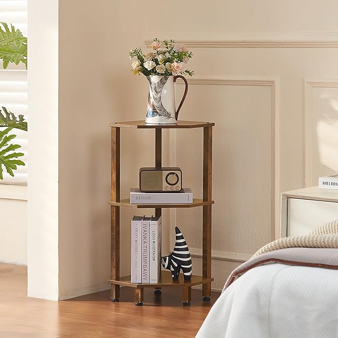 YUFAM 3-Tier Corner Shelf with Sturdy 5-Leg Base, 28in Tall Narrow Bookcase for Small Spaces, Wooden Plant Display Shelf, Thin Bookshelf for Living Room, Bedroom, Office, Brown
