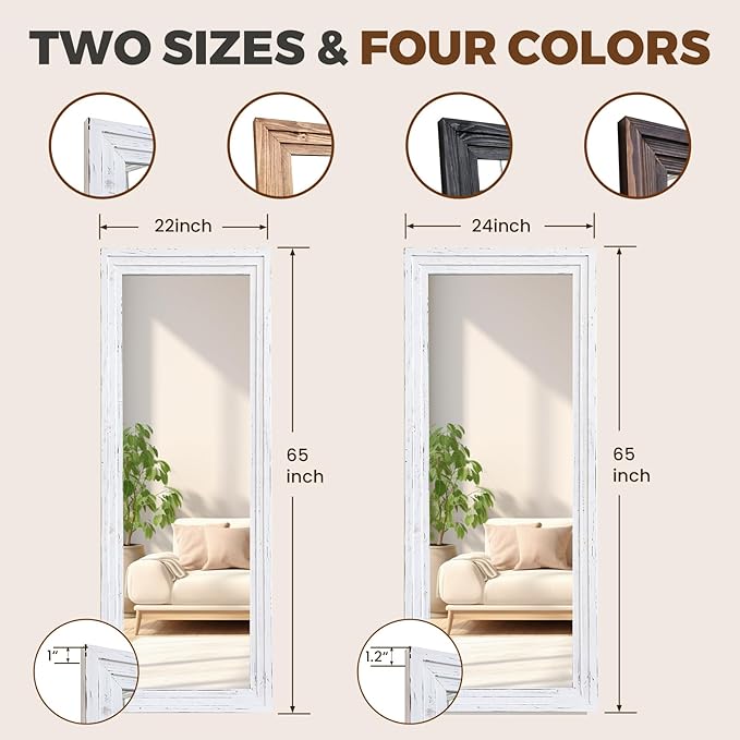 65"x22" Full Length Mirror Solid Wood Frame Floor Mirror with Stand for Living Room, Bedroom Hanging Standing or Leaning, White
