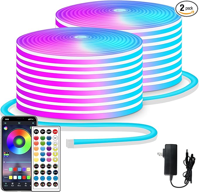 segrass 100ft LED neon Lights with Remote APP Control IP65 Waterproof Flexible Neon LED Strip Lights 24v RGB LED neon Rope Lights for Bedroom Room Outdoors Decor（2 Rolls of 50ft