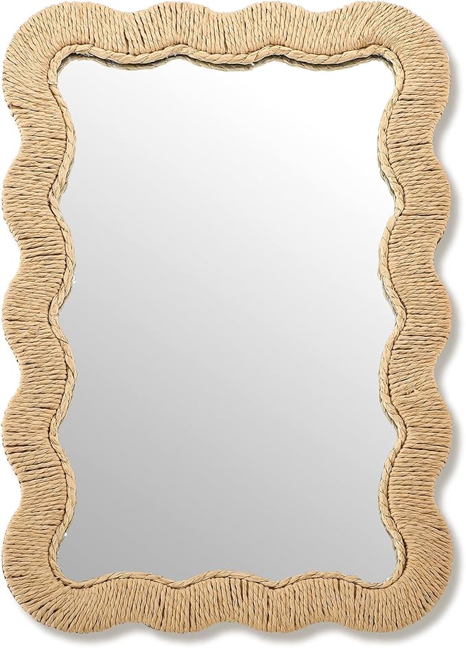 Junkin Boho Scalloped Rattan Mirror Decorative Natural Wicker Wall Mirror with Rattan Frame Boho Coastal Decor for Bathroom Living Room, Entryway Decor(Rectangle,10.4 x 15.8 in)