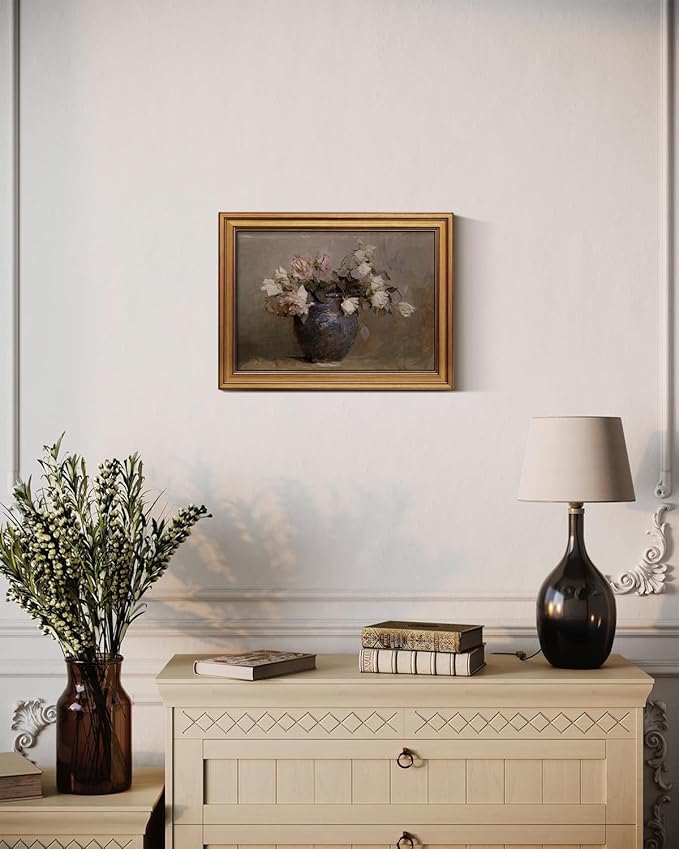 HUARCEY Gold Framed Canvas Wall Art Prints, Bathroom Vintage Decor Aesthetic, Classical Roses Floral Paintings Farmhouse Wall Decor, Retro Decoration for Bedroom Living Room, 12x16Inch