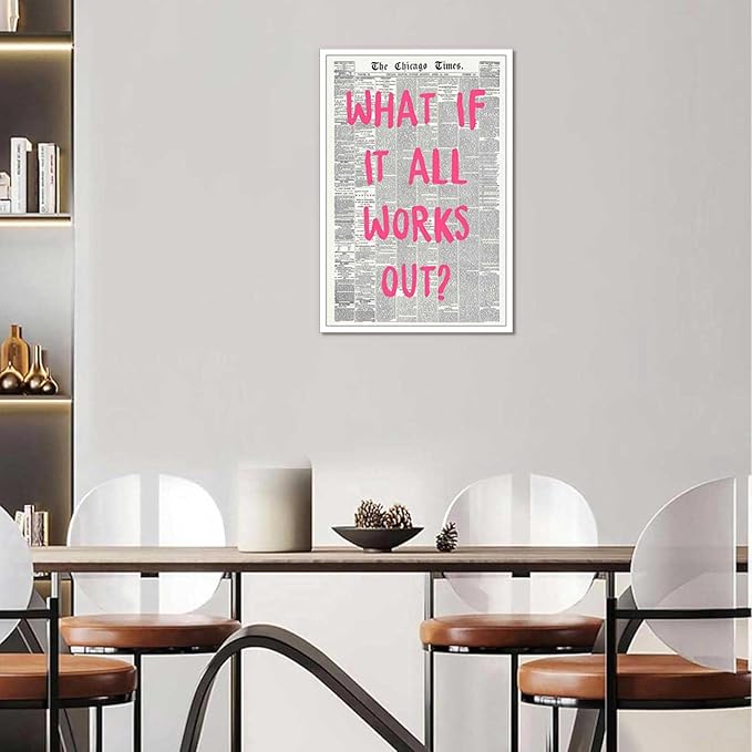 Drimiler What If It All Works Out Poster Retro Newspaper Pink Font Canvas Wall Art Positive Affirming Quote Minimalist Prints Painting For Home Bedroom Dorm Wall Decor 8x12in Unframed