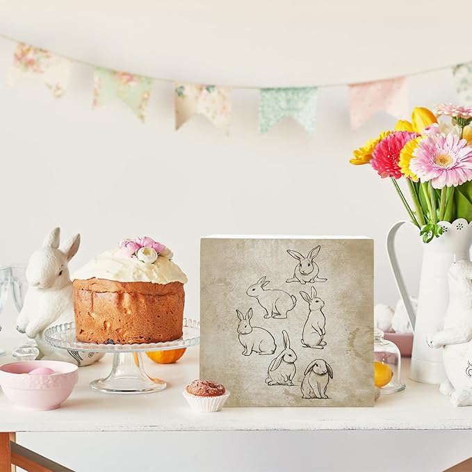 Vintage Easter Decor, Rabbit Wooden Box Sign, Rustic Easter Tiered Tray Decorations, Farmhouse Bunny Rabbit Decorative Table Centerpiece Sign for Party Home Kitchen Dining Decor 5x5