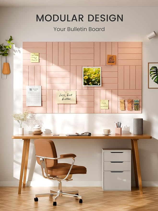 Bumusty Large Cork Board Alternative-36 x 24" Felt Bulletin Board Tiles, with 30 Pushpins, 40 Adhesive Tabs, Bold-Stripe 6-Pack, Cork Boards for Office Push Pin Board Felt Board-Pink
