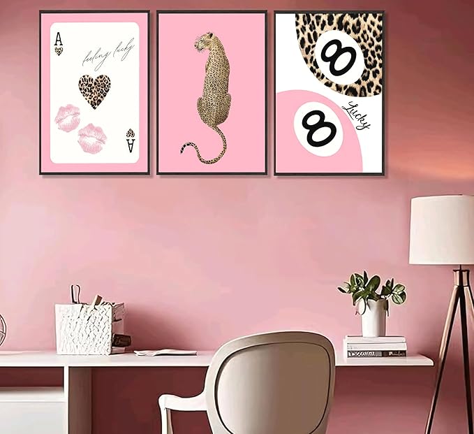 YZLYAD 3Pcs Trendy Pink Leopard Wall Art,Bow Cherry Lips Print Canvas Poster Pictures,Y2k Stylish Preppy Aesthetics Wall Decor for Girls' Rooms Bedroom Dorm Apartment.12x16in Unframed