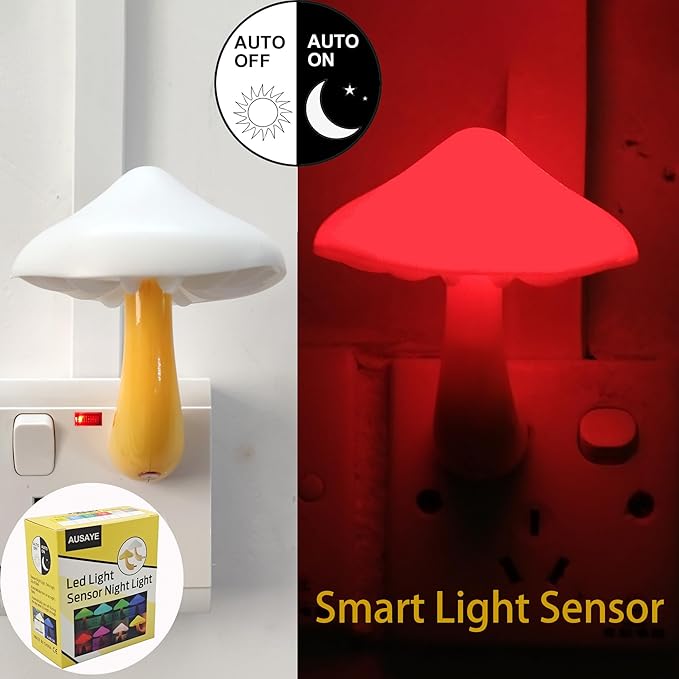 AUSAYE Sensor Led Mushroom Night Light Plug in Nightlight for Kids Adults, Night Lights Plug-into Wall Lamp for Bedroom, Bathroom,Toilet,Stairs,Kitchen,Hallway Christmas Birthday Gifts Red
