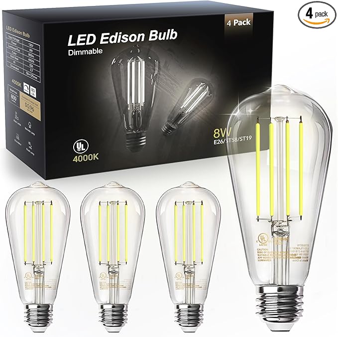 TJOY 4 Pack E26 Base Vintage LED Edison Light Bulbs, 60W Equivalent Dimmable, 4000K Natural White, 8W ST58 LED Filament Bulbs, 800Lumens, CRI80+, Antique Glass Style for Home, Bedroom, Farmhouse