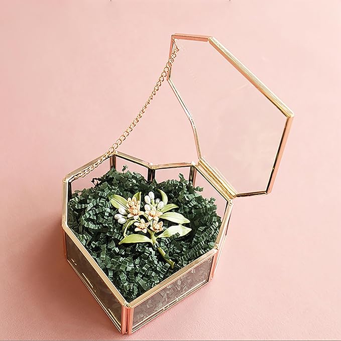 Small Glass Heart Shaped Jewelry Box Clear Ring Trinkets Box with Lid Gold Makeup Organizer Desktop Display Lidded Treasure Box Lady and Girls Gift