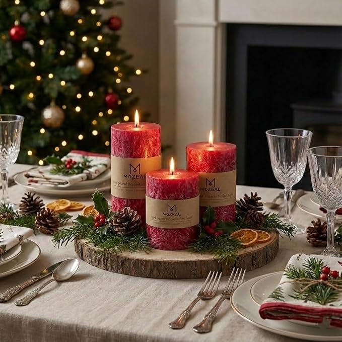 MOZEAL Hand-Poured, Unscented Red Crystal Pillar Decorative Candles, Elegant Set of 3 in Different Sizes (3"x4", 3"x5", 3"x6"), Luxurious Décor for Christmas Homes & Events