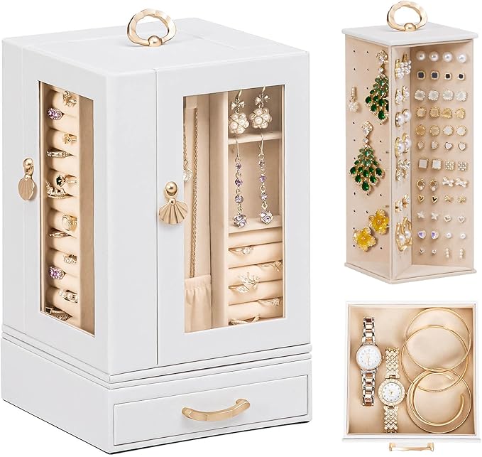 Enthralite Jewelry Box Large for Dresser: Women Necklace Ring Storage Organizer with Compartments - Elegant Earring Holder Display - 360° Rotating Jewelry Organizer with Glass Door