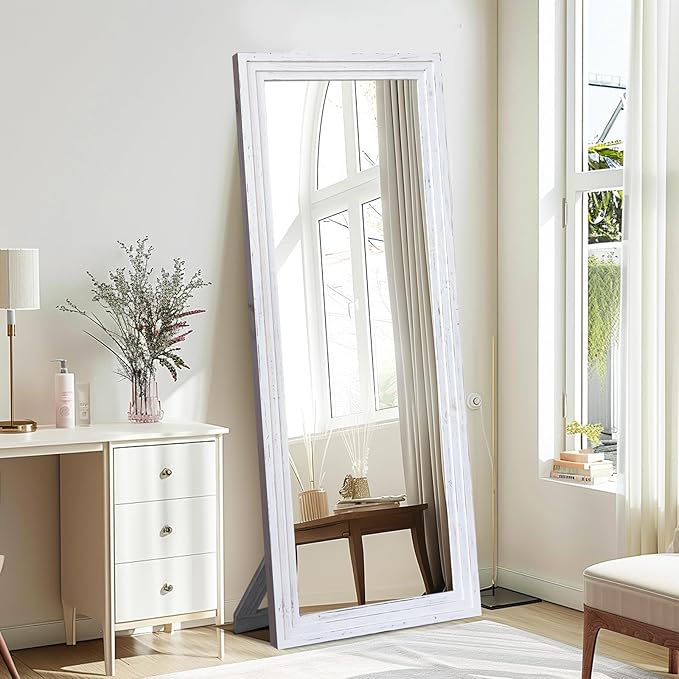 65"x22" Full Length Mirror Solid Wood Frame Floor Mirror with Stand for Living Room, Bedroom Hanging Standing or Leaning, White